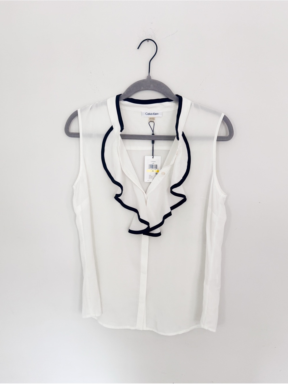 Calvin Klein White Sleeveless Sheer button down with black Trim
